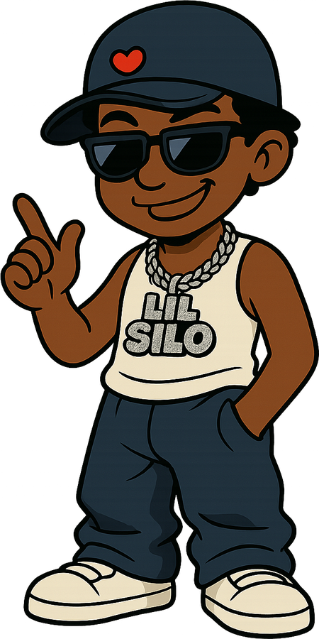 Lil Silo: cartoon character in a navy cap with a red heart, sunglasses, silver chain and a cream LIL SILO tank top, holding one finger up.